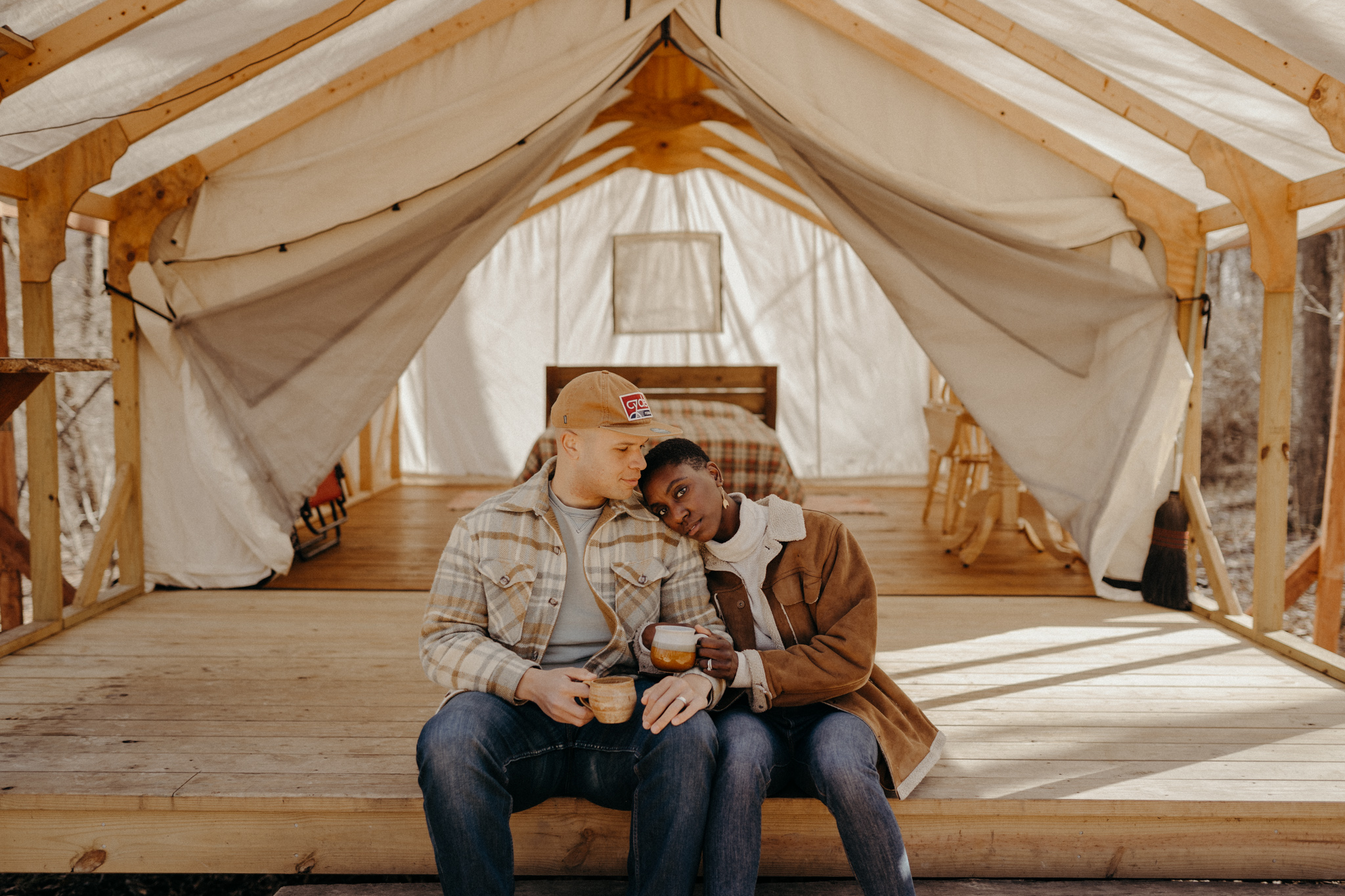 Appalachian glamping engagement session in a canvas tent with cozy flannel vibes, maryland wedding photographer, pennsylvania elopement