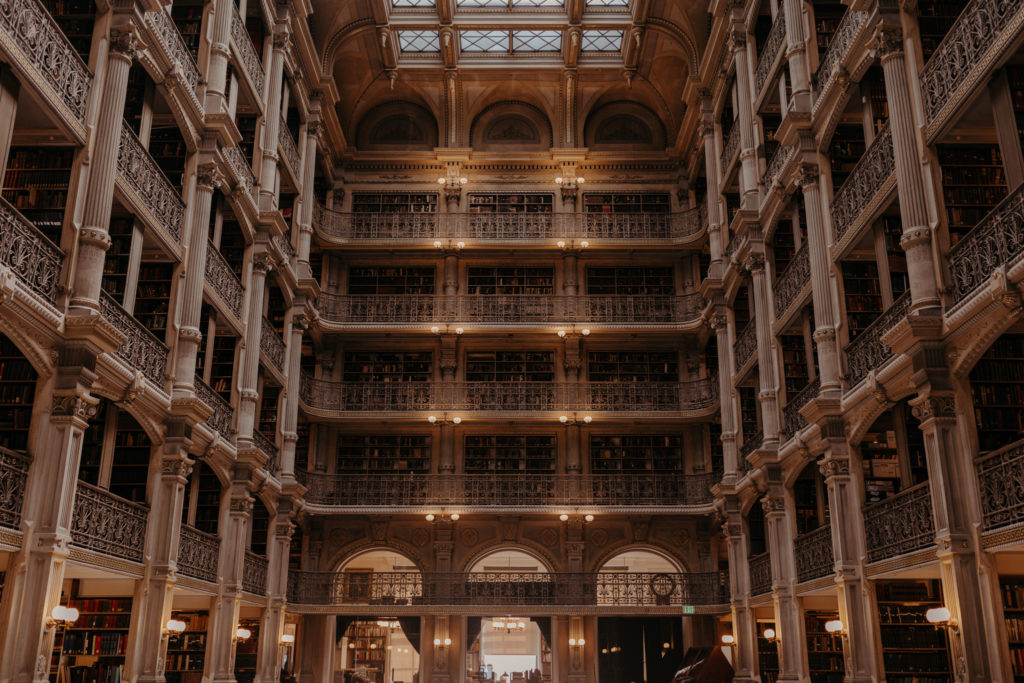 Non-traditional unique artsy wedding venue at George Peabody Library in Baltimore, Maryland